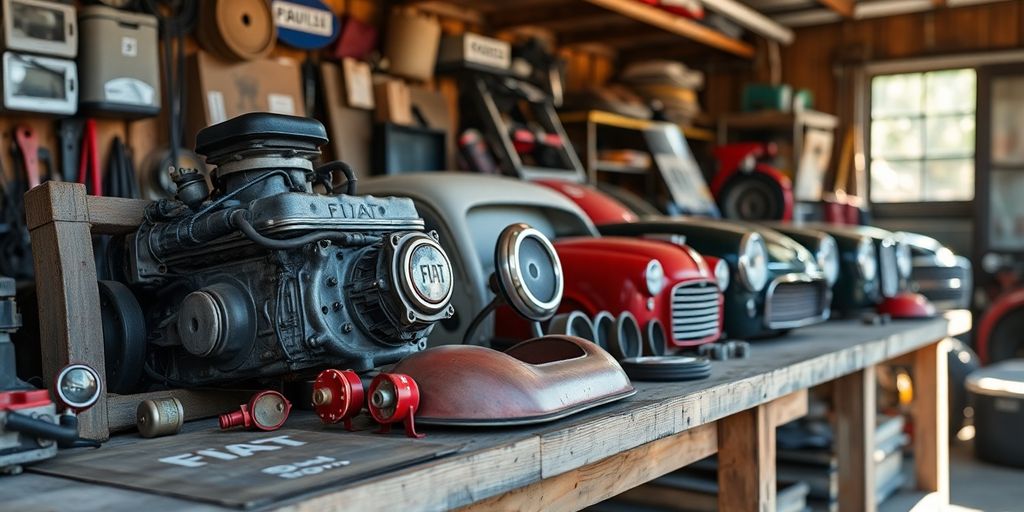 Fiat parts laid out on a workshop bench.