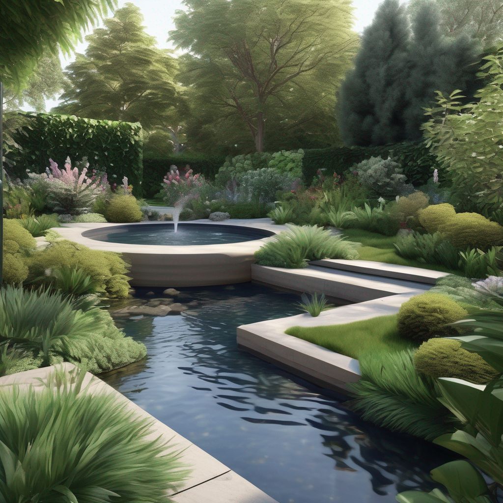 tranquil garden with water features and lush greenery