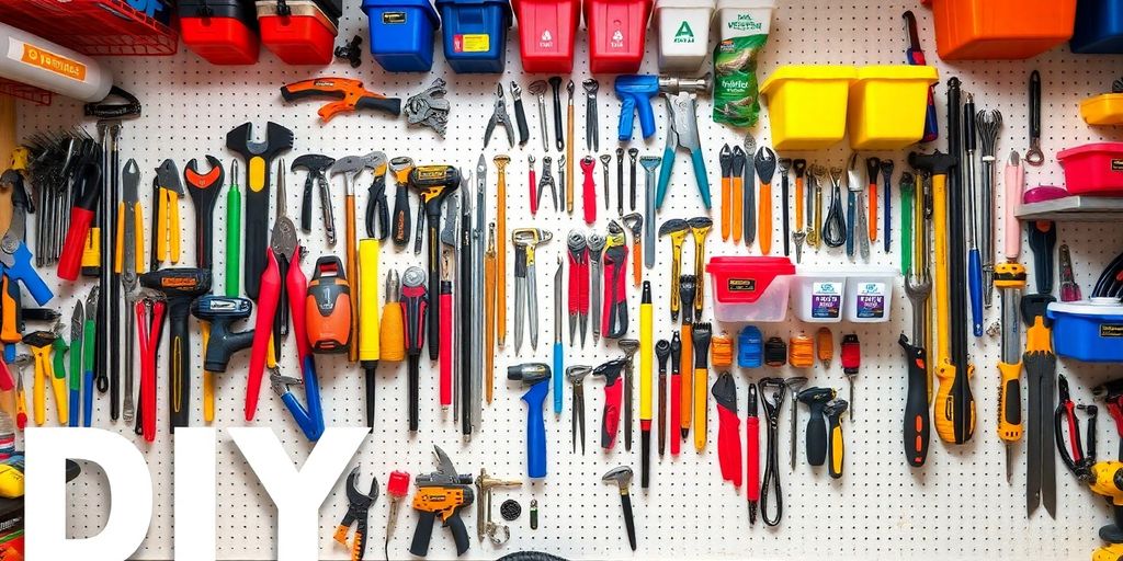 Colorful tools neatly arranged on a DIY wall storage.