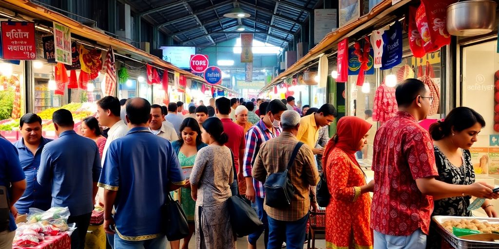 Diverse marketplace with people interacting and engaging.