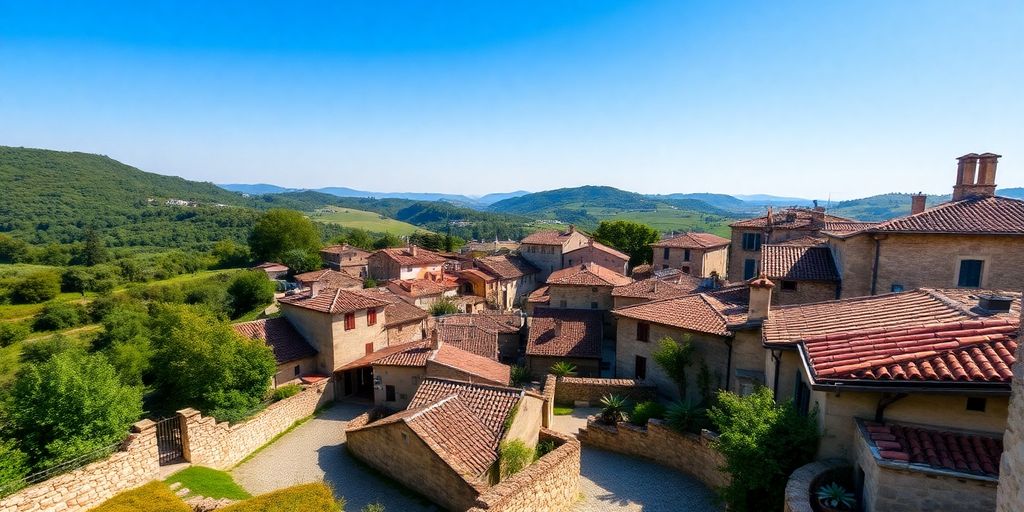 Villages de pierre perchés sur des collines verdoyantes sous un ciel bleu.