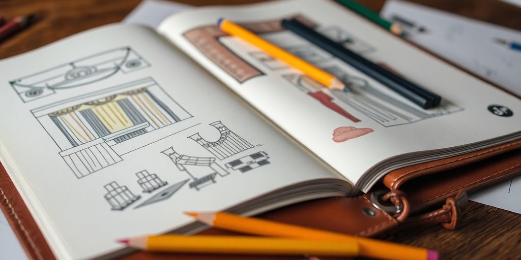 An open portfolio displaying theatrical design sketches.