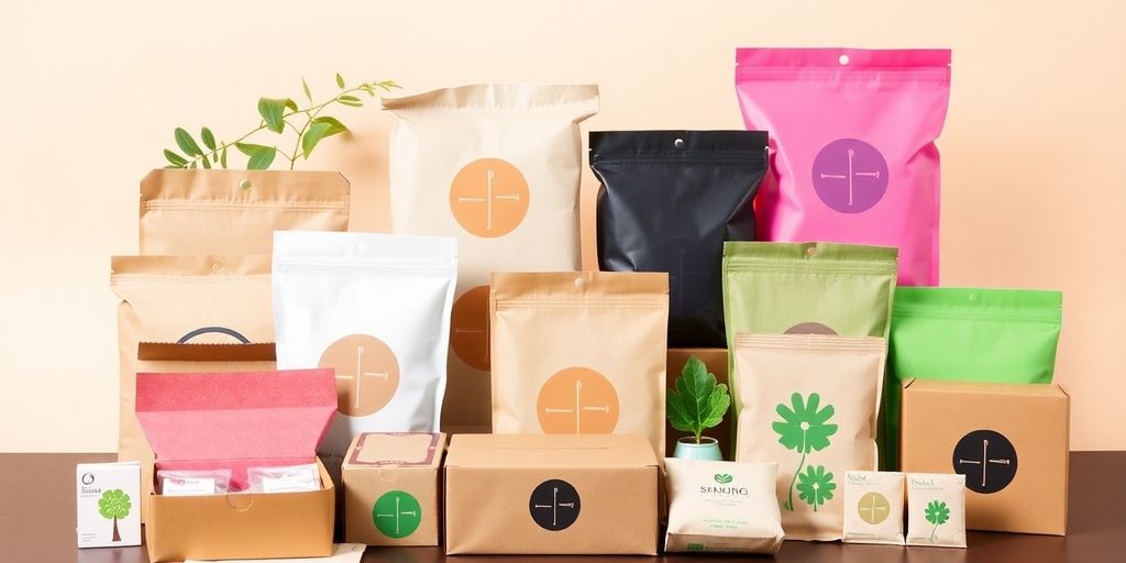 Eco-friendly packaging stacked neatly.