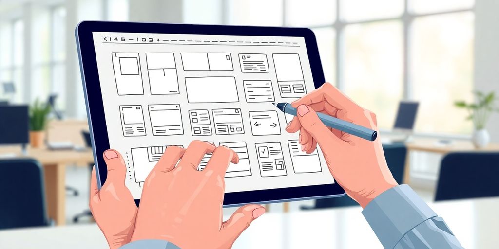 Senior UX designer sketches interface on tablet