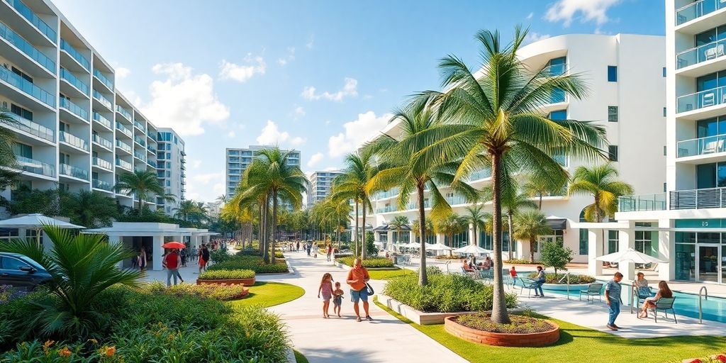 Vibrant urban scene in Aventura, Florida with families.