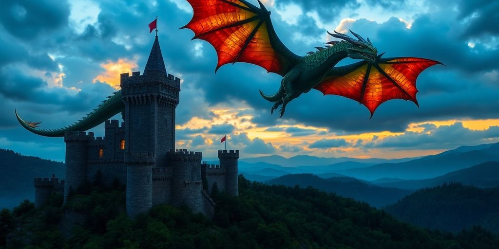 Dragon flying over castle, fantasy world.