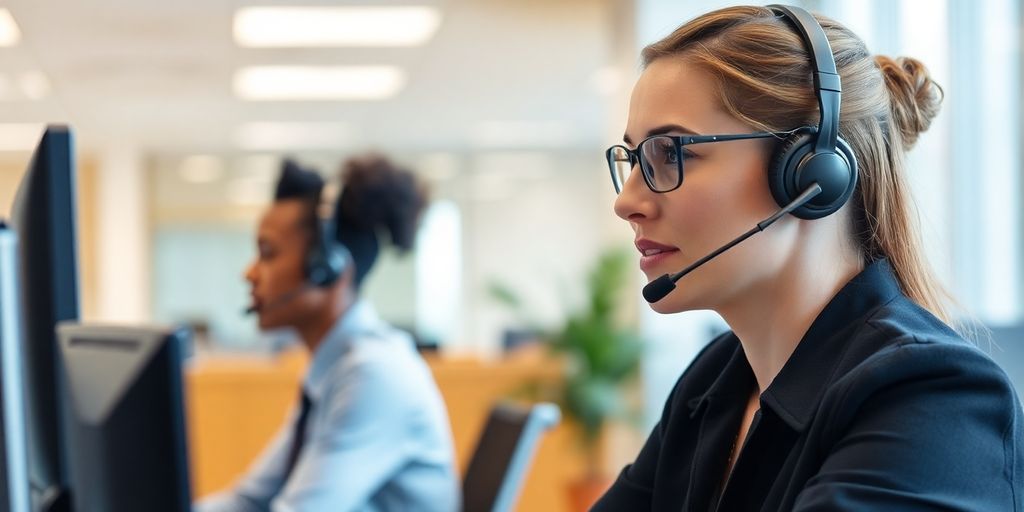 Customer service representative assisting a client over the phone.