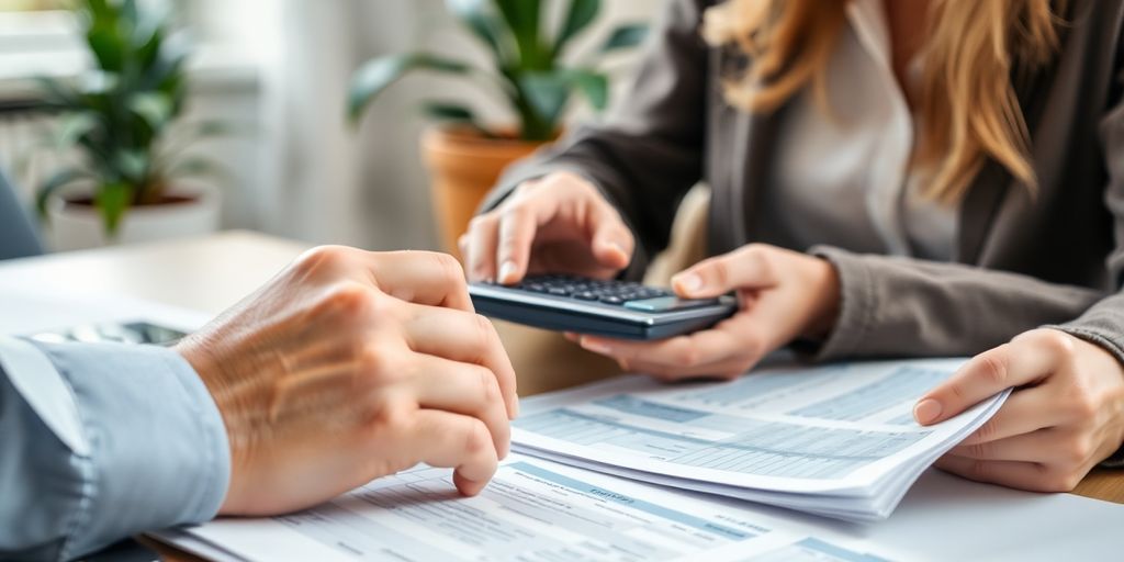 Pessoa analisando documentos financeiros com uma calculadora.