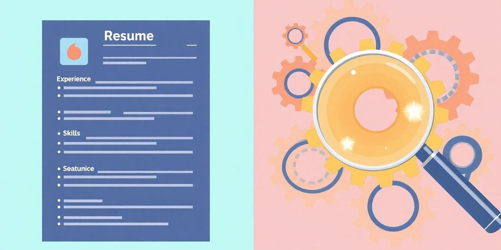 Resume sections, gears, and a magnifying glass.