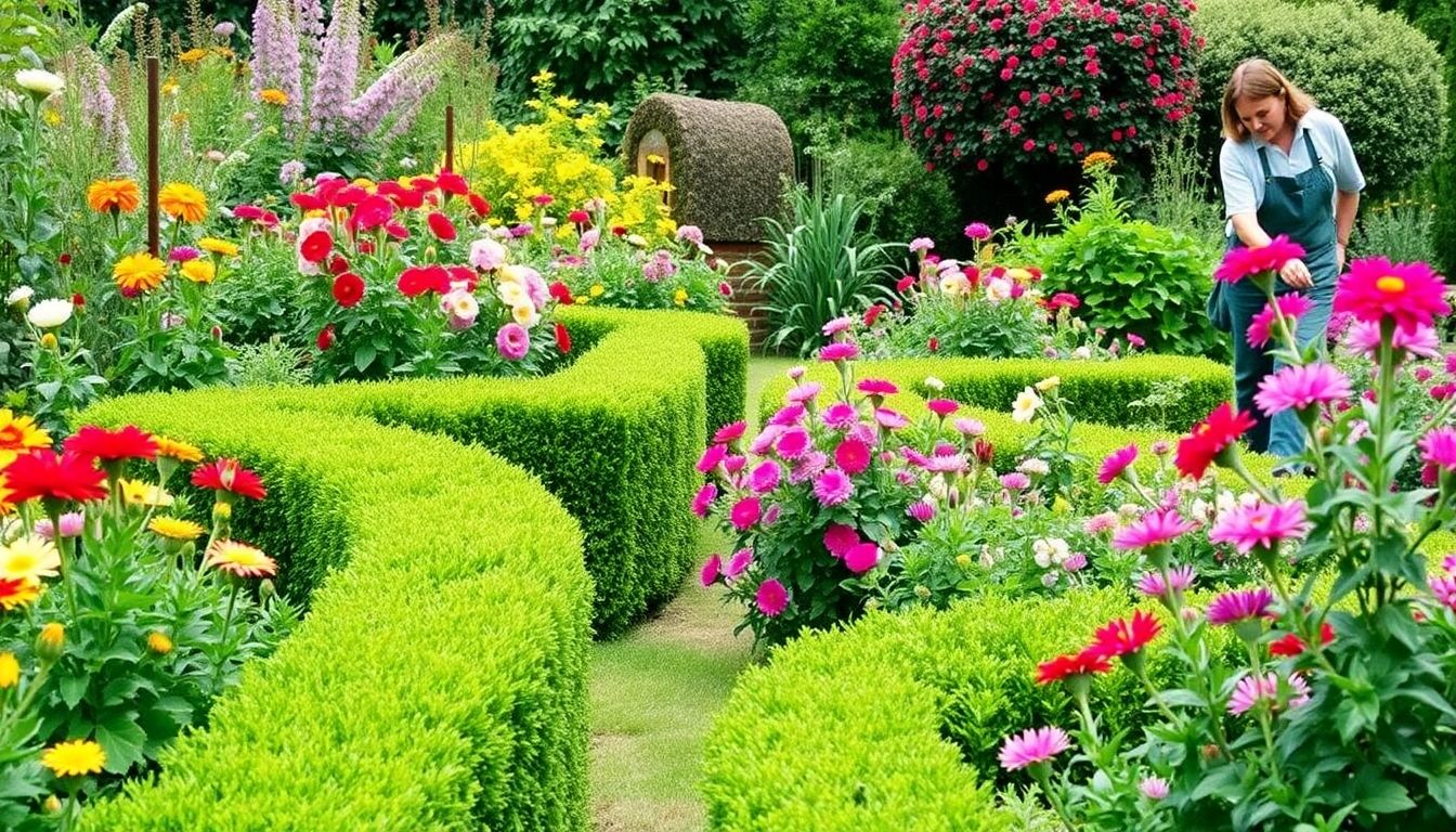 A gardener working in a vibrant London garden.