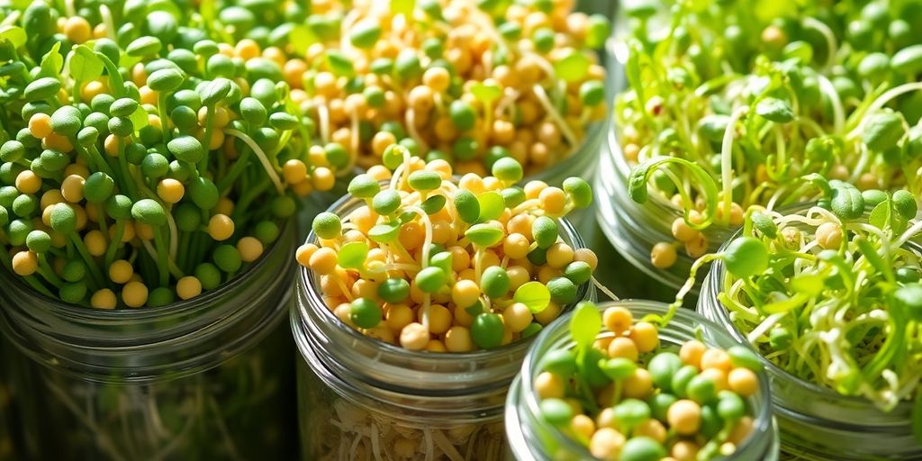 Freshly sprouted seeds in glass jars with bright green hues.