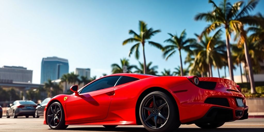 Red sports car parked by Orlando skyline, vibrant.