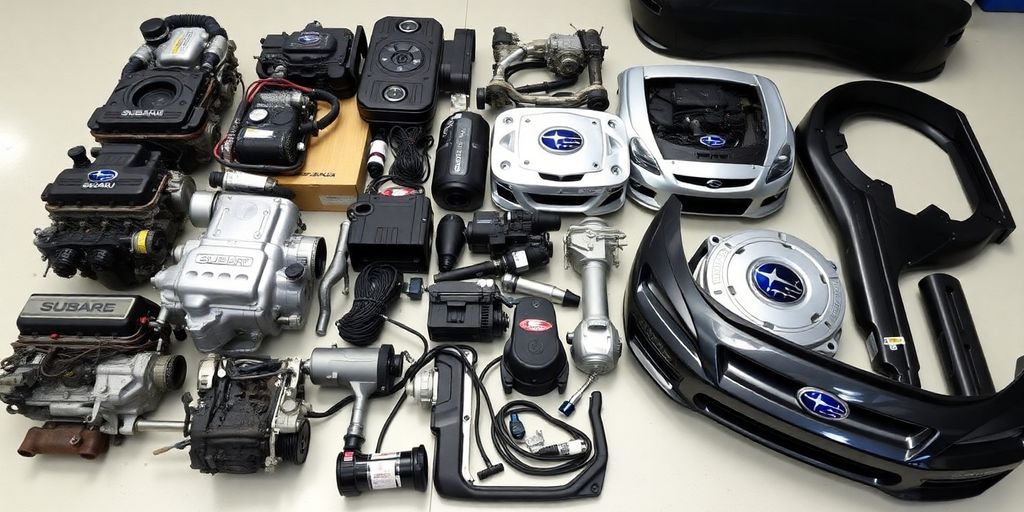 Subaru car parts laid out neatly.