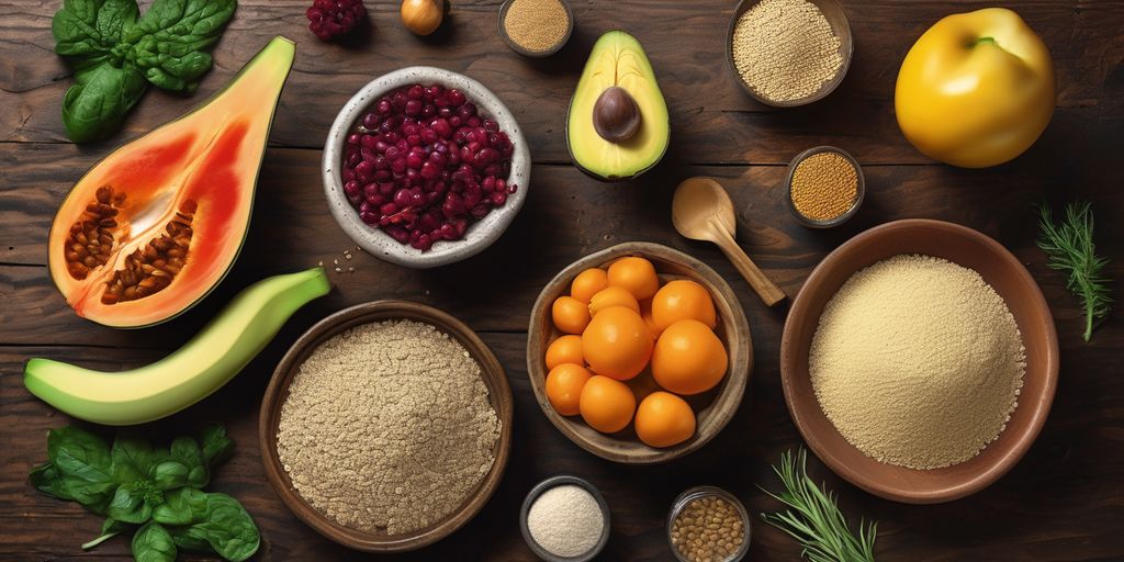 healthy food ingredients on a rustic table