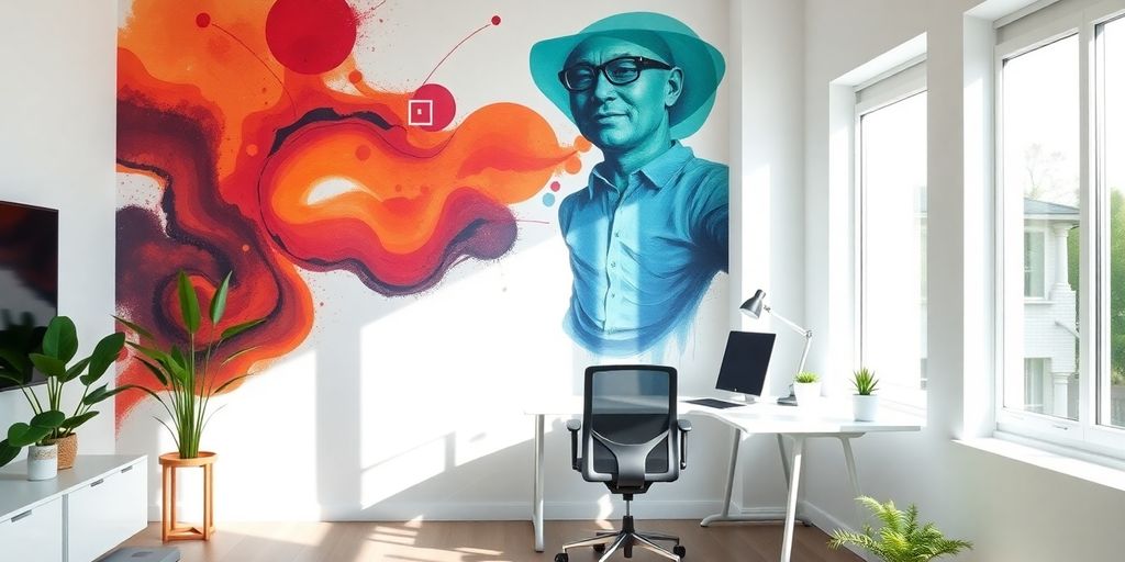 Sleek home office with modern mural and cozy decor.