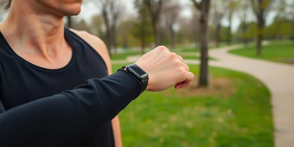 Person jogging with smartwatch in a scenic outdoor setting.