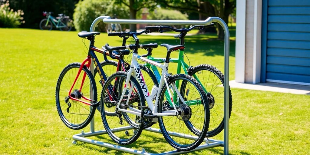 Outdoor bike storage rack holding multiple bicycles neatly.