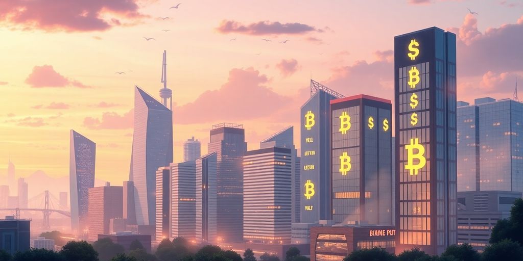 Futuristic cityscape with digital currency symbols integrated.