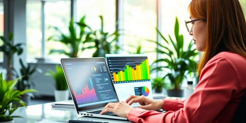 Person analyzing data in a bright office setting.