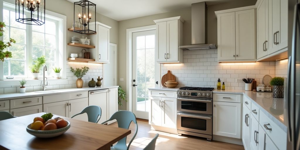 Renovated kitchen with modern appliances and elegant decor.