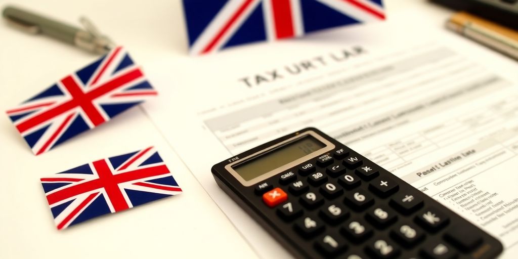 Calculator and tax documents on a desk with UK flag.