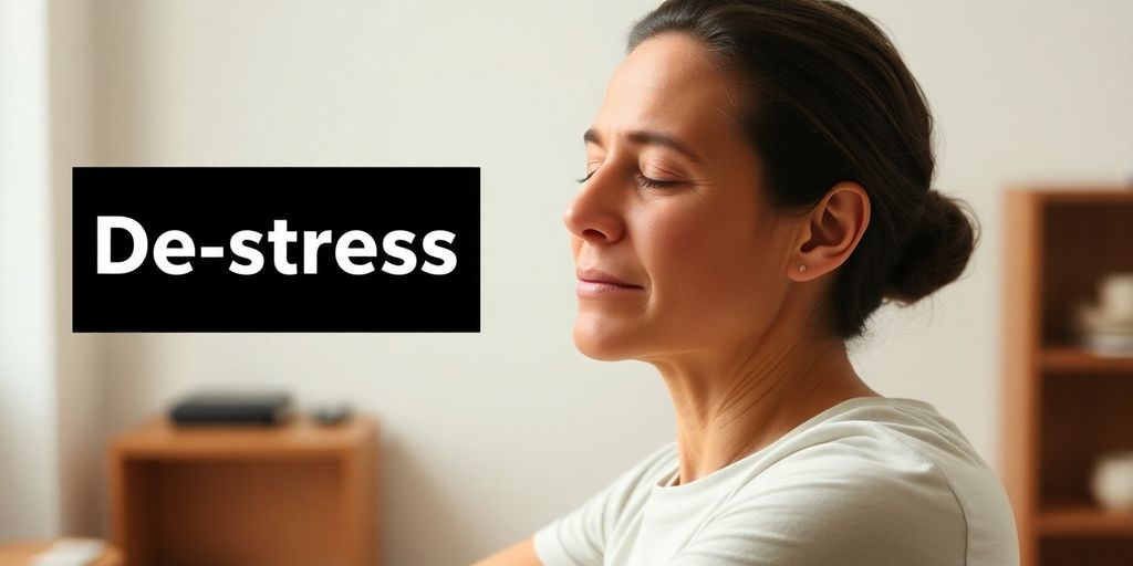 Person stretching on yoga mat, serene expression.