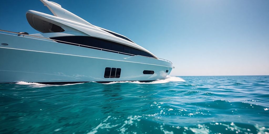 Sleek, futuristic yacht sailing calm, turquoise waters.
