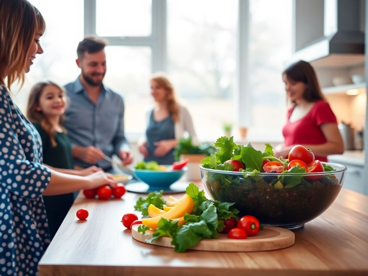 Familie zâmbitoare gătind un prânz sănătos cu legume bio proaspete.
