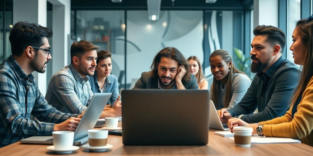 Team engaged in passionate discussion in a start-up office.