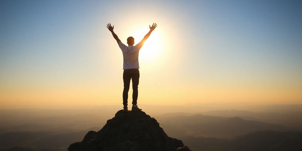 Person celebrating success on a mountain peak at sunrise.