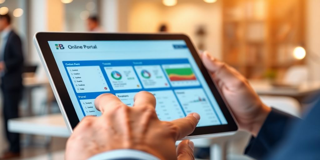 Professional navigating online portal on tablet