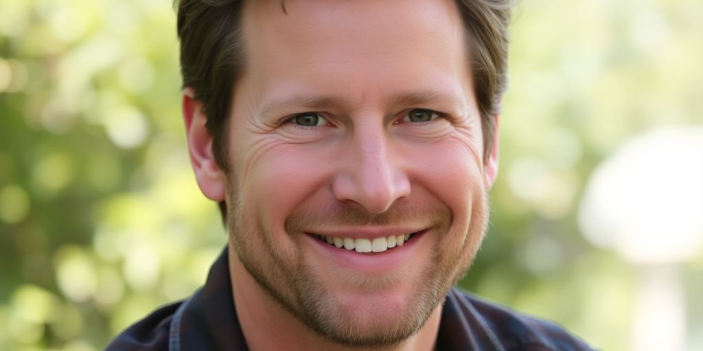 Portrait of Peter Krause smiling outdoors with greenery behind.