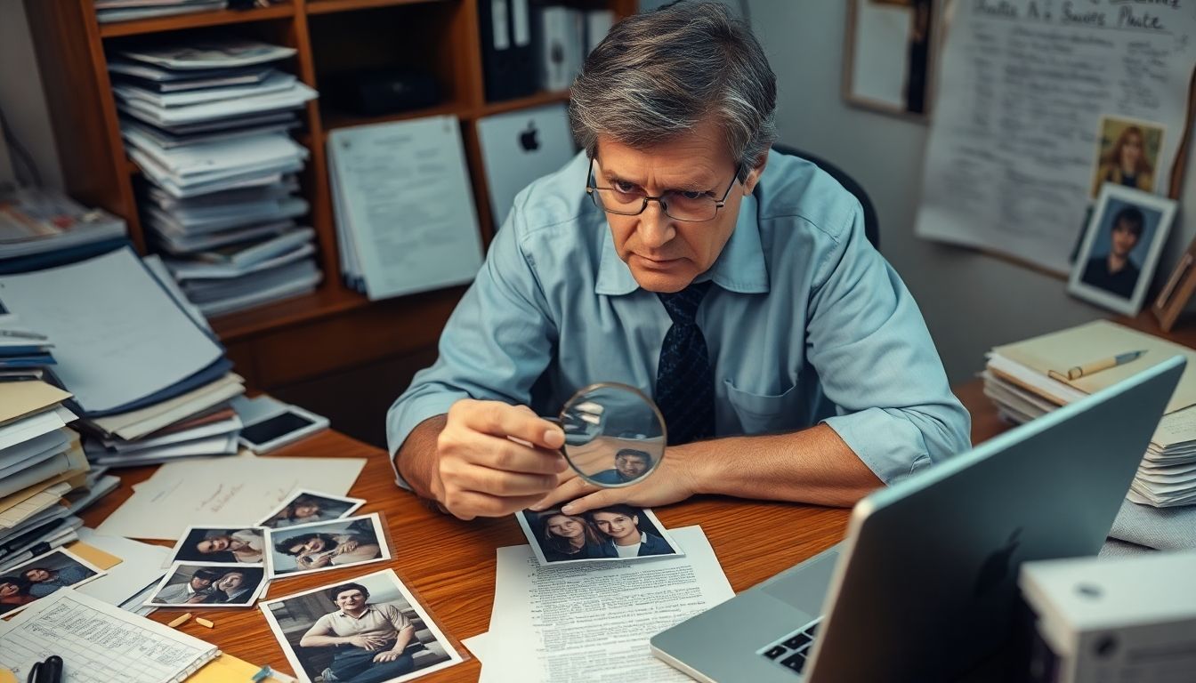 Private investigator examining evidence with a magnifying glass.