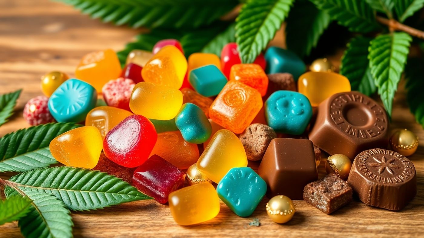 Colorful CBD edibles on a wooden surface with leaves.