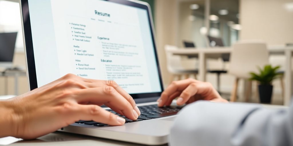 Person building resume on computer.