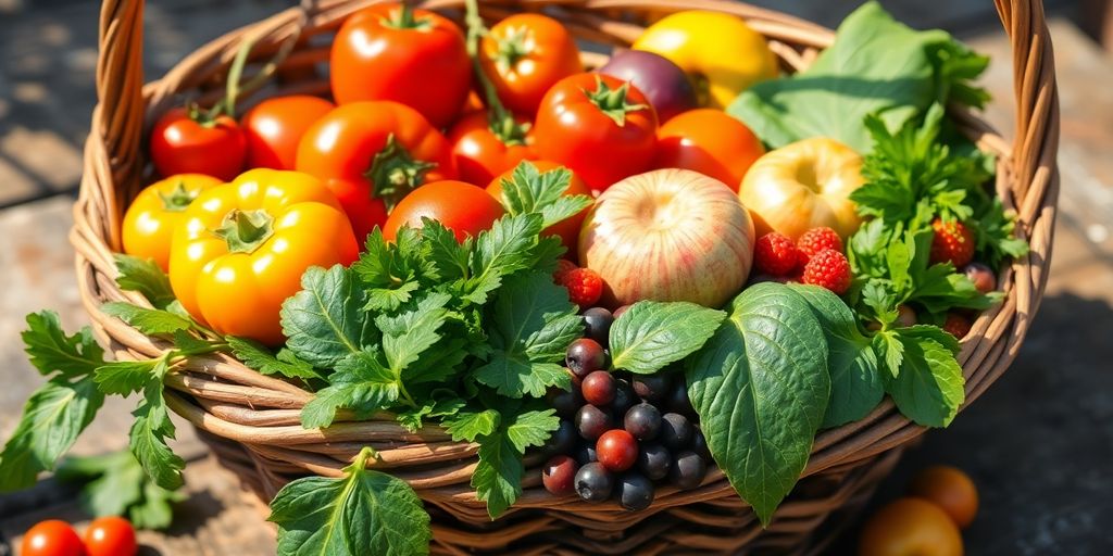 Cesta cheia de frutas e vegetais orgânicos vibrantes.