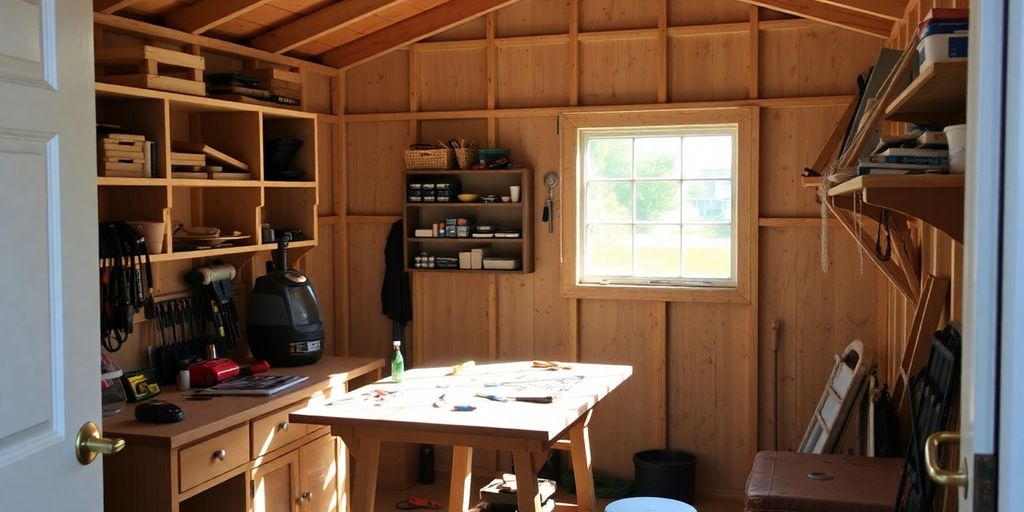 Cozy shed interior, craft table, tools, natural light