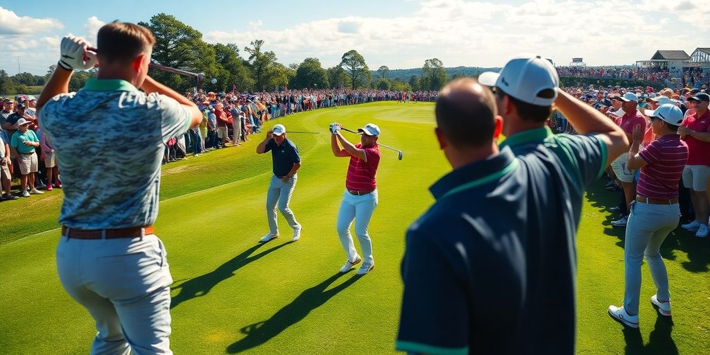 Golfers competing on a lush green course at a tournament.