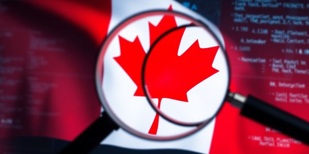 Bandera canadiense y lupa en pantalla digital