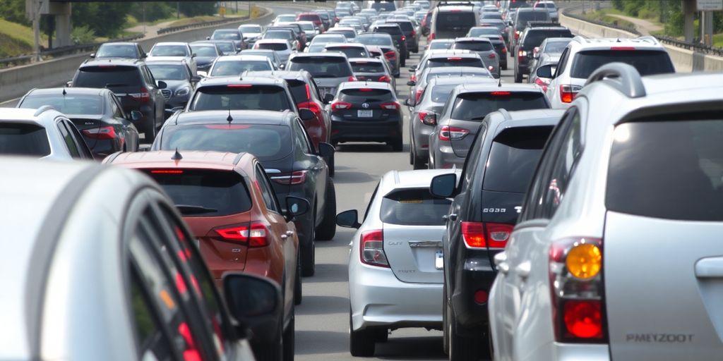 Voitures sur une autoroute bondée pendant les vacances d'été.