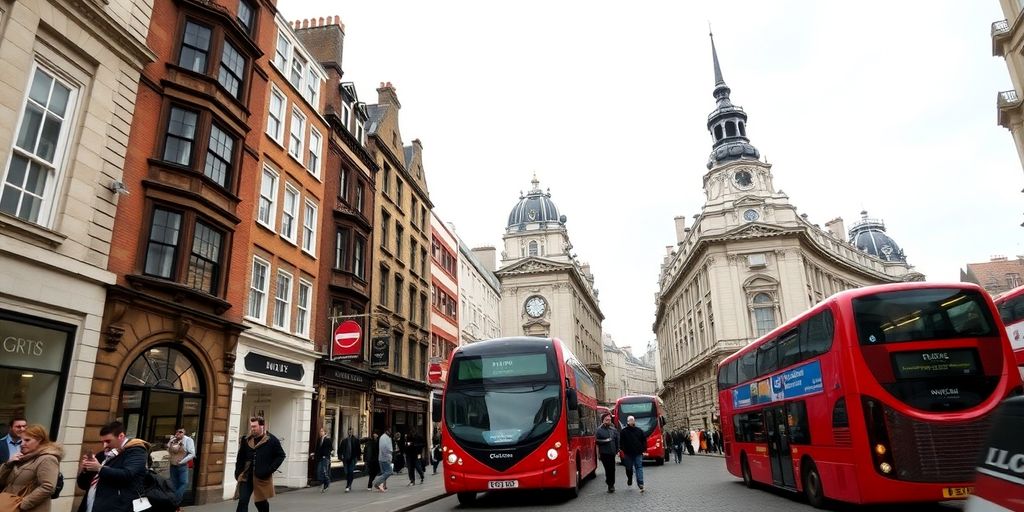 A close-up of a bustling British city street.