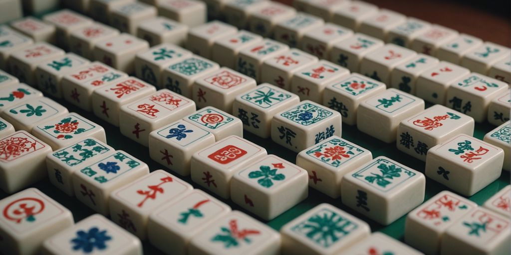 Close-up of Mahjong tiles with intricate designs and symbols, perfect for beginners learning to identify them.