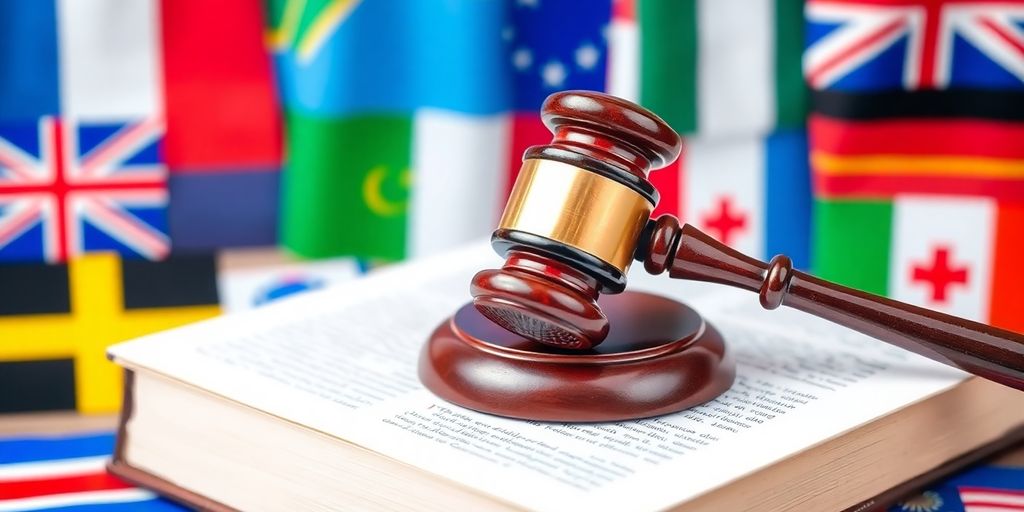 Gavel on legal book with international flags around.