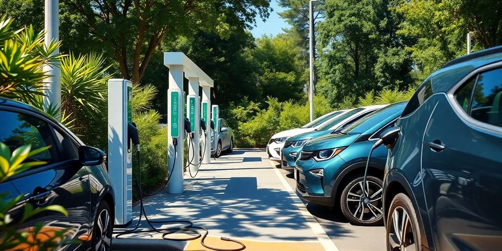 Electric vehicles charging at a modern EV charging station.