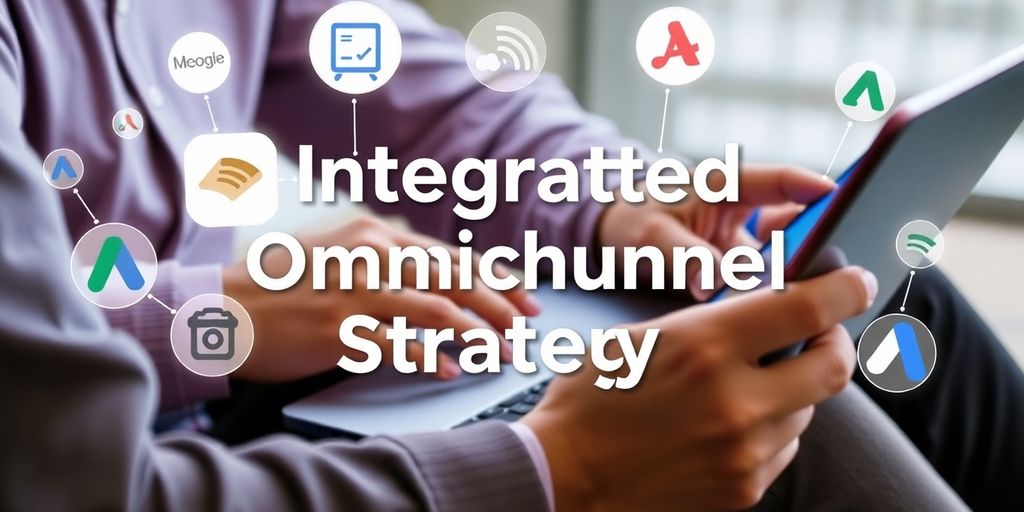 Pessoa usando laptop e smartphone com ícones digitais.