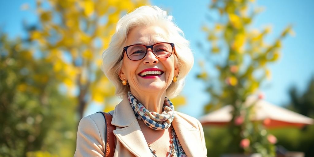 Confident older woman smiling in a sunny outdoor setting.
