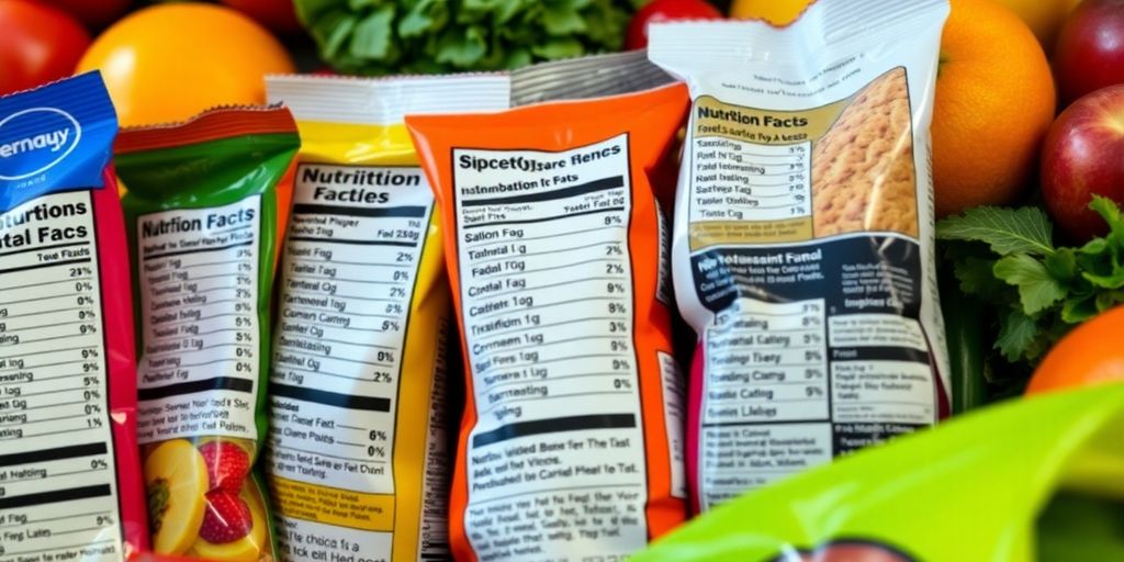 Colorful packaged food items with visible nutrition labels.