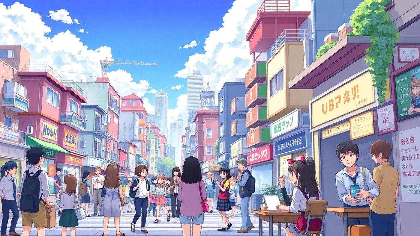 Anime characters in a bustling cityscape about renting.
