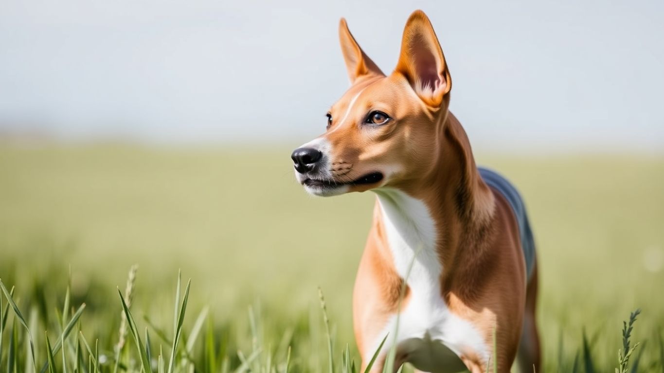 Basenji dog in a green field, showcasing its elegance.