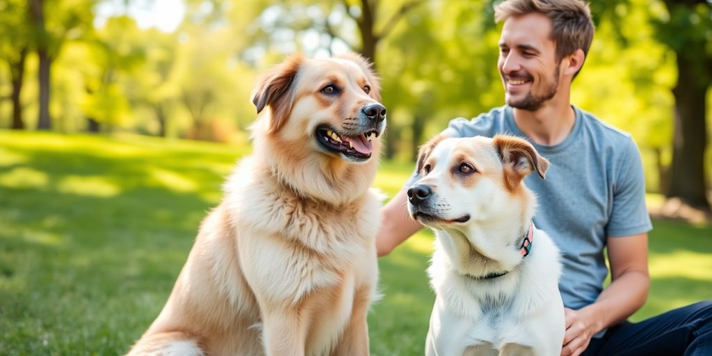 Trained dog sitting calmly next to a smiling owner.